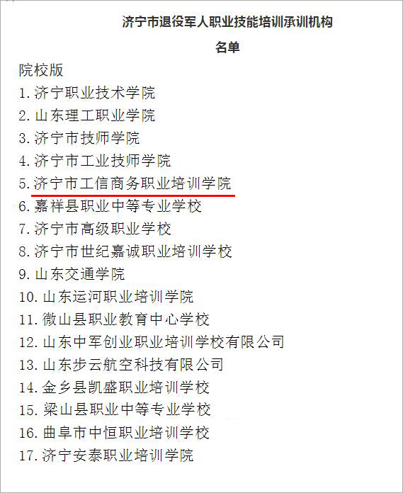 Congratulations To Jining City Industry And Information Business Vocational Training College For Being Selected As A Skill Training Institution For Retired Soldiers