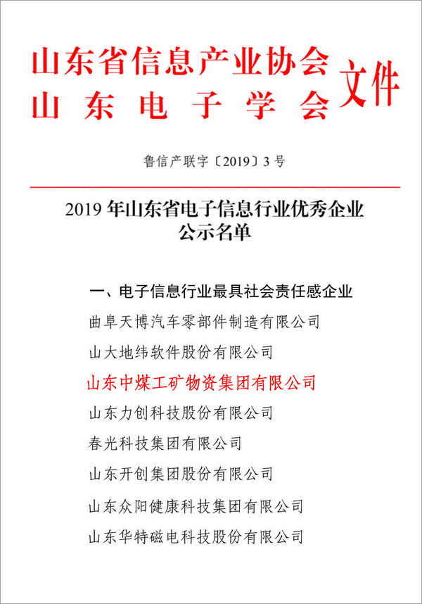 Congratulations To China Coal Group As An Outstanding Enterprise In The Electronic Information Industry In Shandong Province In 2019